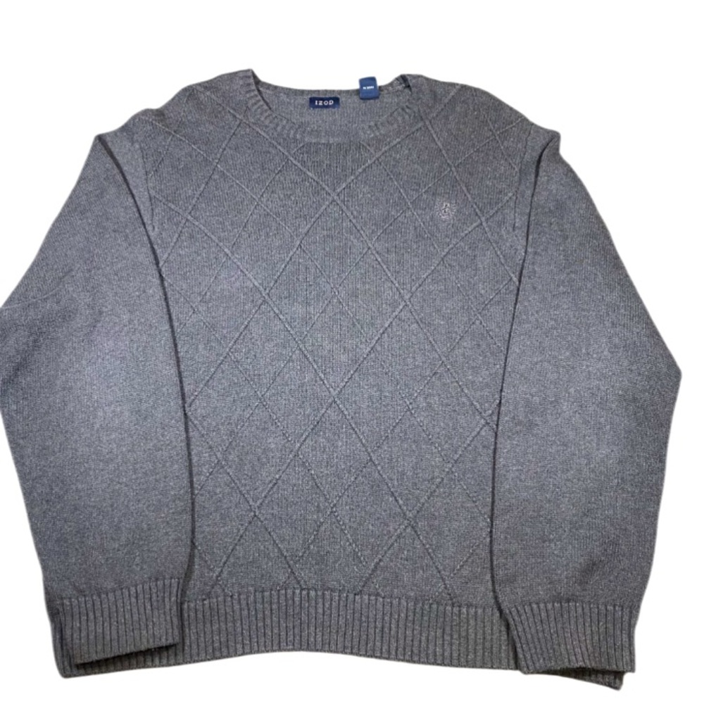 IZOD Sweater Men’s XXL Diamond Knit Gray Long Sleeve Pullover Crew Neck Soft